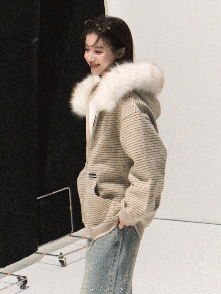 OAKMOO/ Sand Taupe Striped Hooded Jacket with Detachable Faux Fur Collar