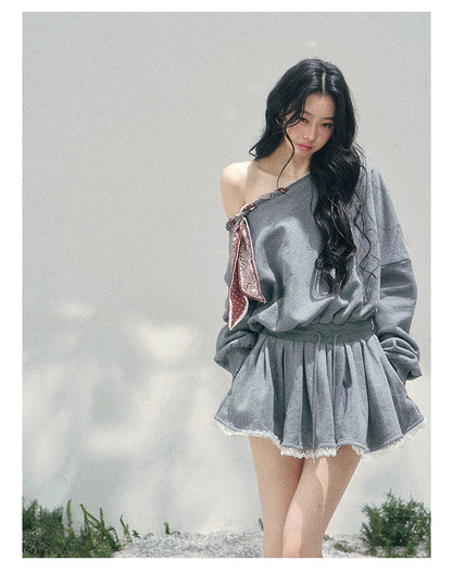 “The Wind Blushes” Lace Trim Off-Shoulder Sweatshirt Dress