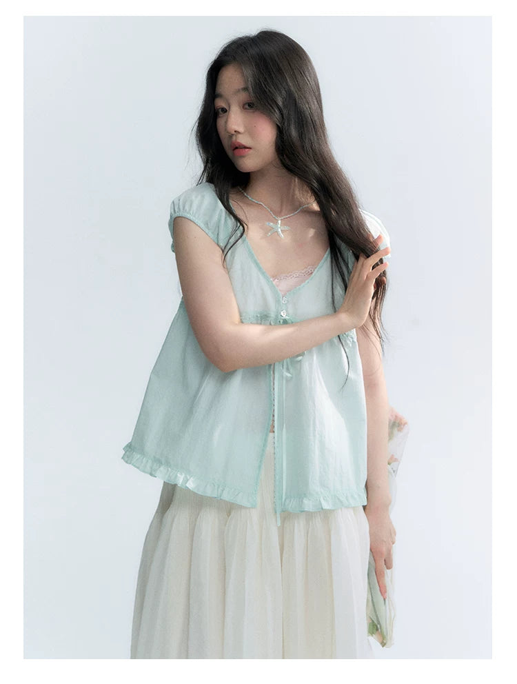 "Mint Morning Glow" Mint Green Lace Tie-Front Cardigan Blouse