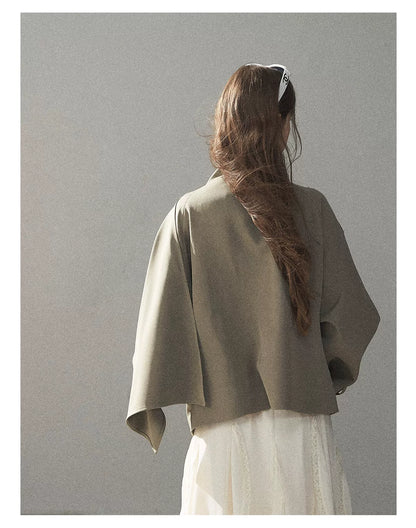 Gray Funnel-Neck Double-Breasted Short Trench Coat