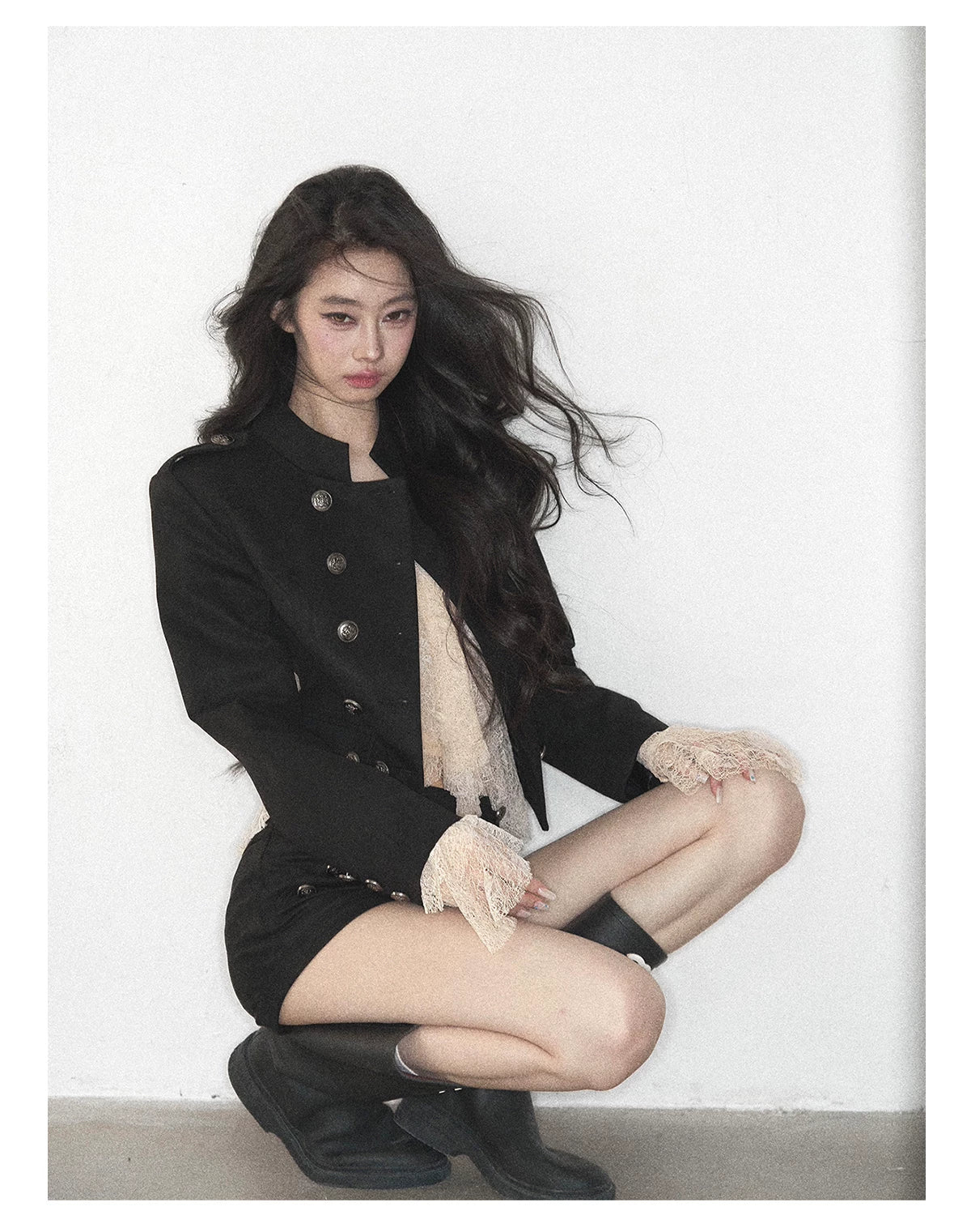 AOMALM - Black Napoleon-Style Jacket & Shorts Set with Milk Tea Top