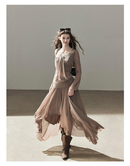 170726 "Waiting for Autumn Rain" Silver Mouse Gray Off-Shoulder Pleated Skirt Set