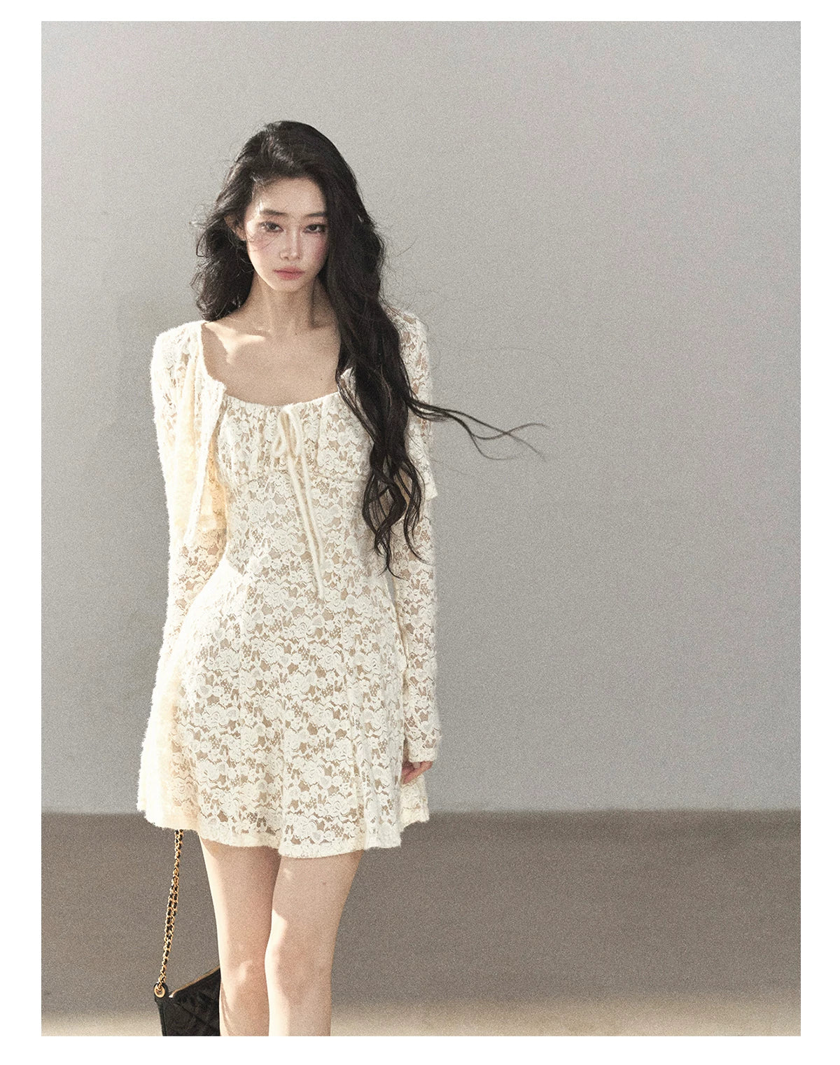 AOMALM - "Moonlight on the Floor" Dutch Cream Lace Cami Dress & Cardigan Set