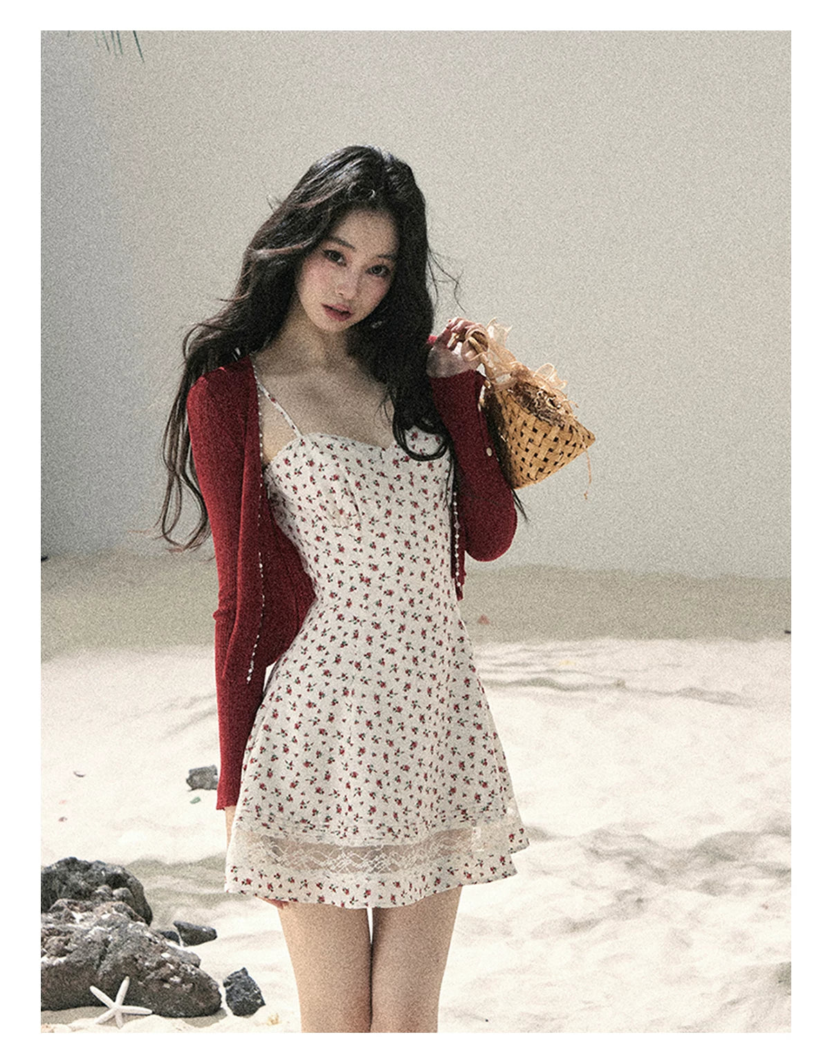 "Blooming Rose Reverie" Cloud White Floral Lace Mini Dress & Burgundy Wine Cardigan 56483