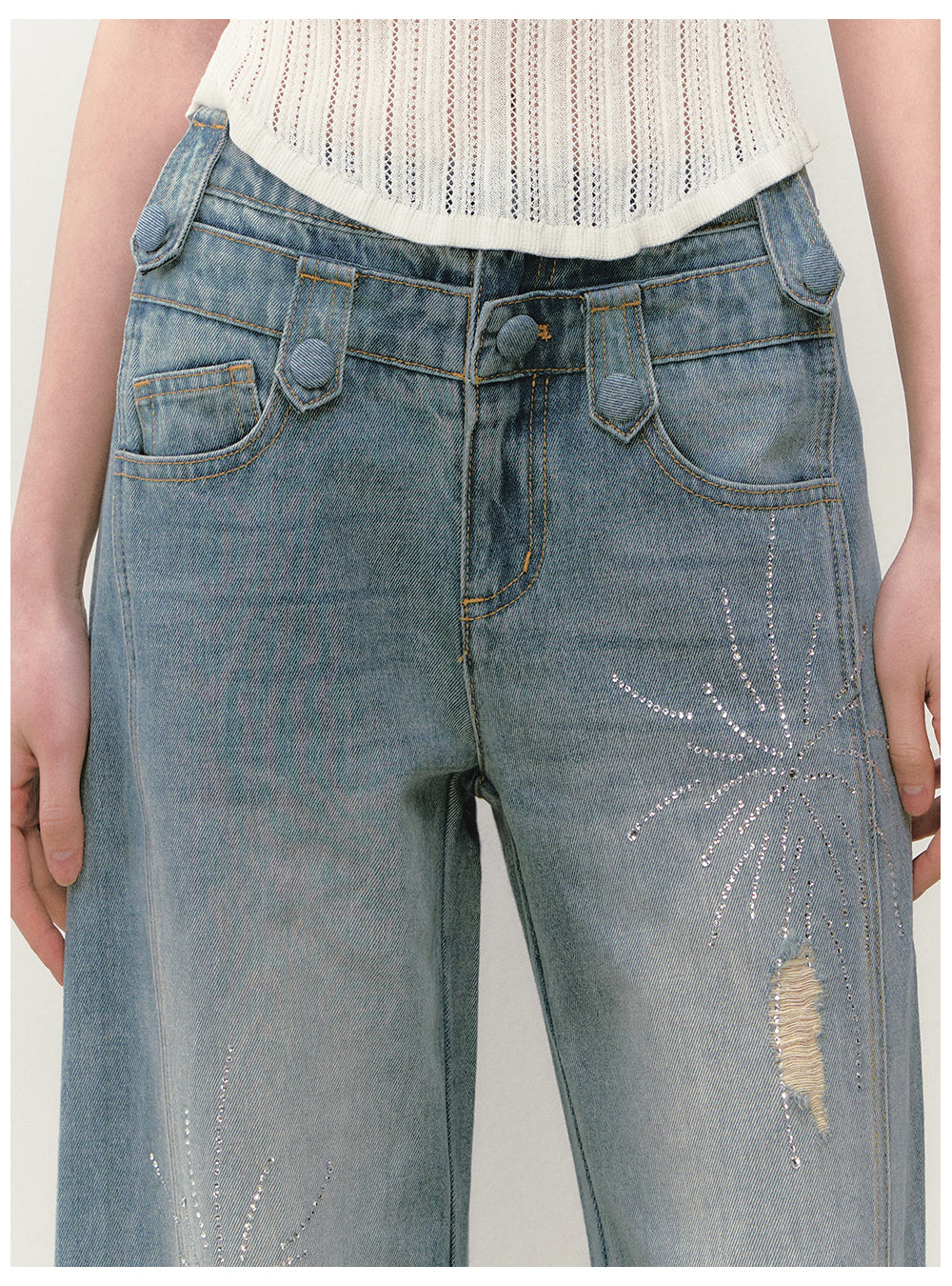 VIAPITTI - Firework Rhinestone Double-Waistband Jeans