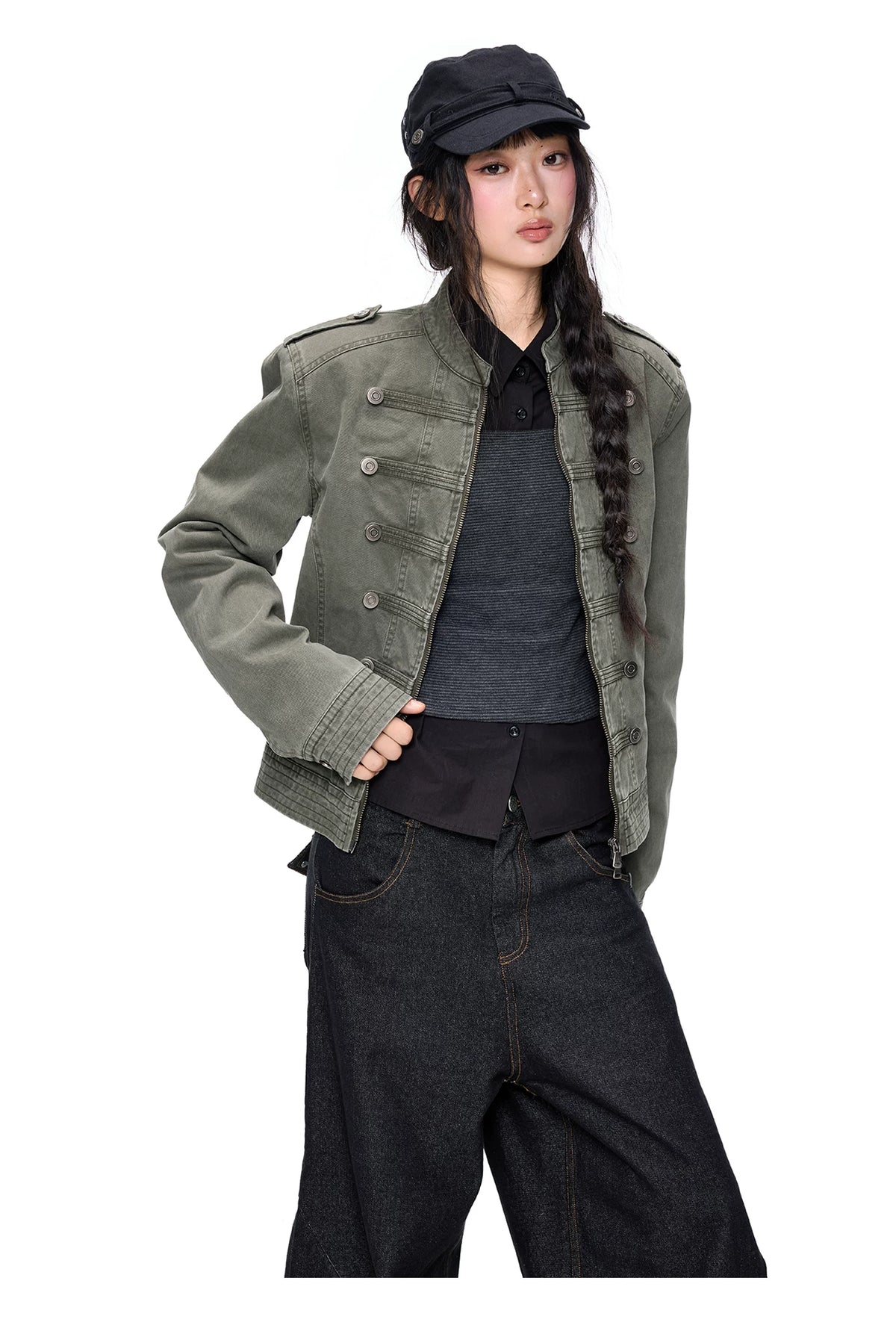 EZEK | Vintage Washed Denim Jacket with Hood and Double-Breasted Buttons (Military Green / Heather Gray)
