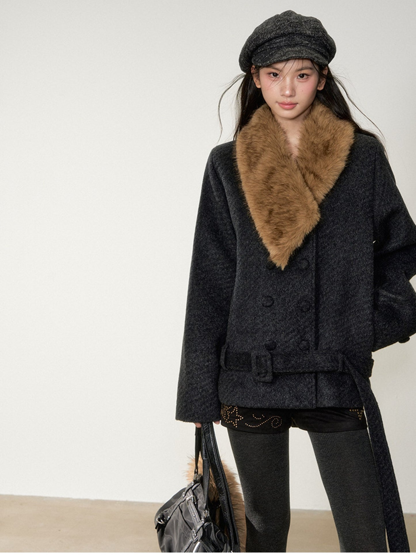 Soote Season - “Retro Twill Grace” Asymmetrical Faux Fur Collar Double-Breasted Wool Coat