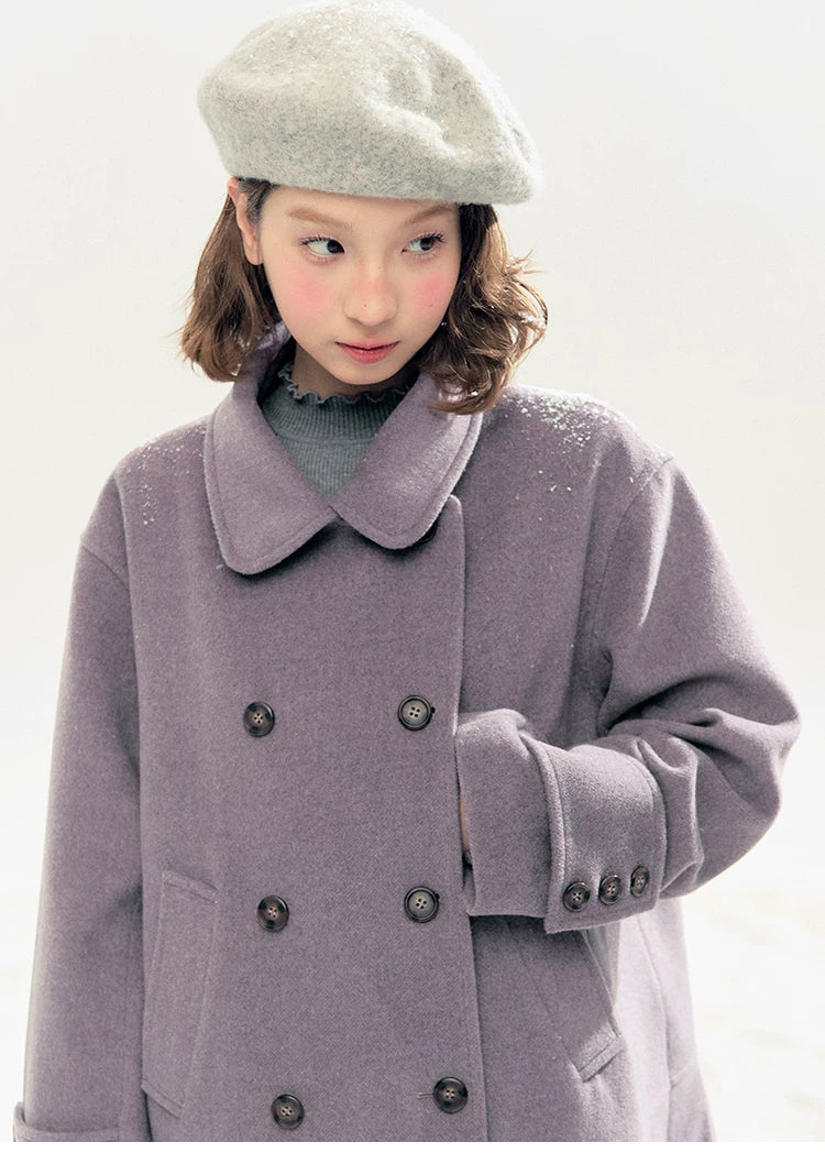 "Winter Chime" Double-Breasted Quilted Wool-Blend Coat (Smoky Purple/ Ash Gray)