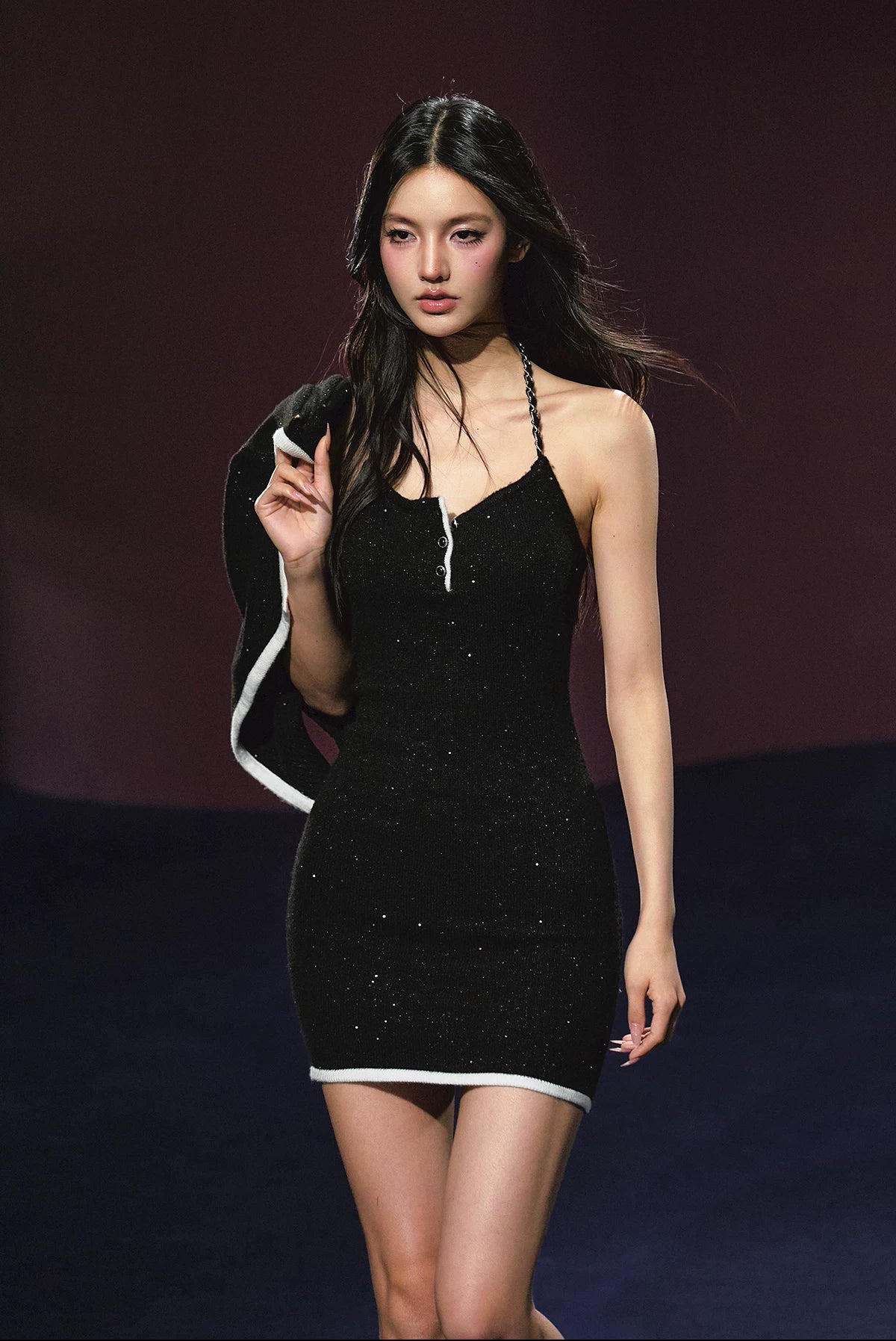"Starlit Elegance" Halter Knit Dress & Contrast Cardigan Set