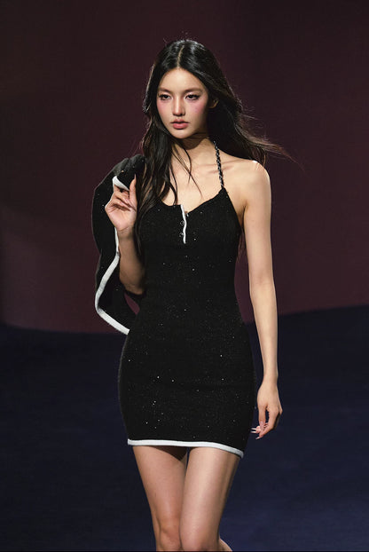 "Starlit Elegance" Halter Knit Dress & Contrast Cardigan Set