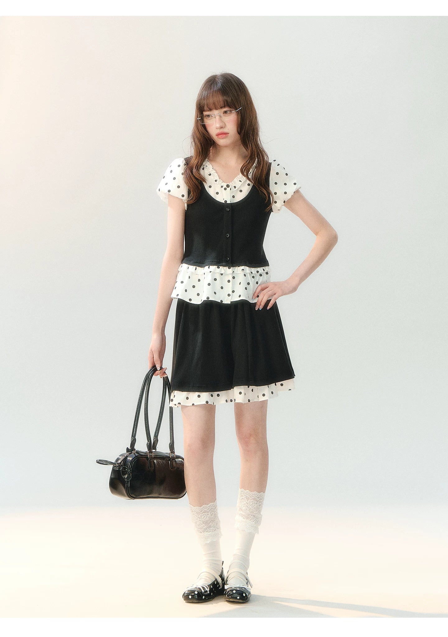 "Black Tea & Cream" Polka Dot Two-Piece Skirt Set SH2026202