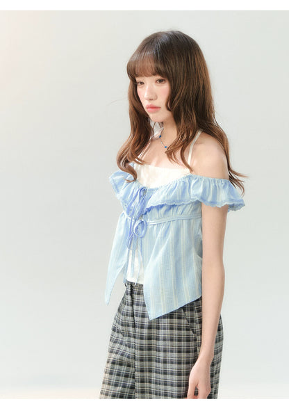 "Blue Mist Academy" Embroidered Off-Shoulder Layered Blouse SH2026204