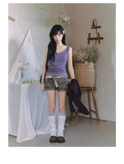"Sage Whisper" Two-Tone Lace Cami Top (Sage Stripe / Lavender)
