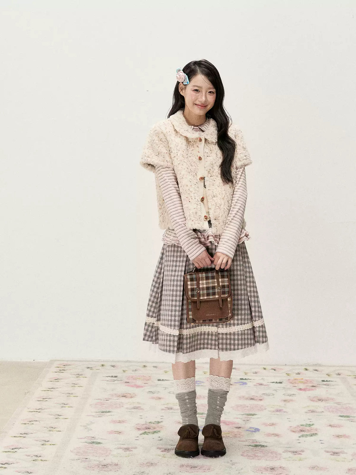 [RF] Cream Beige & Chestnut Speckle Plush Short-Sleeve Vest Jacket with Peter Pan Collar