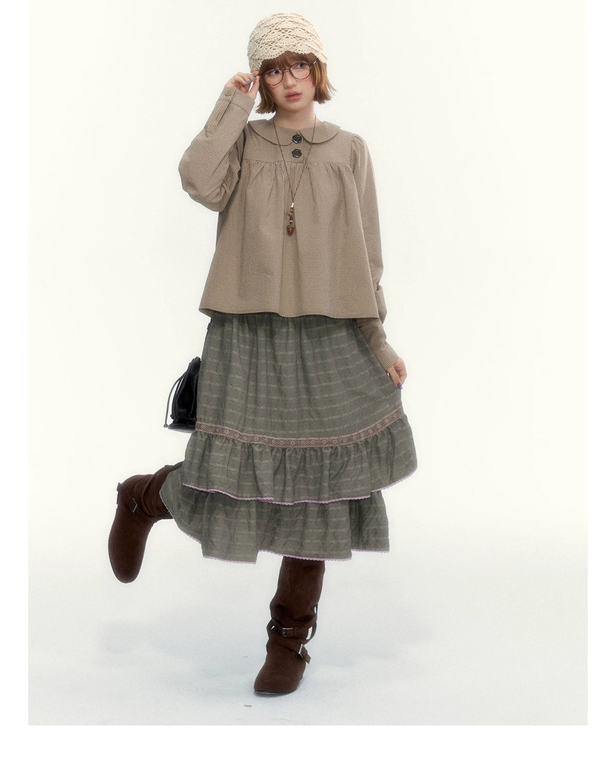 "The Vintage Darling" Light Coffee Plaid Cotton Peter Pan Collar Blouse