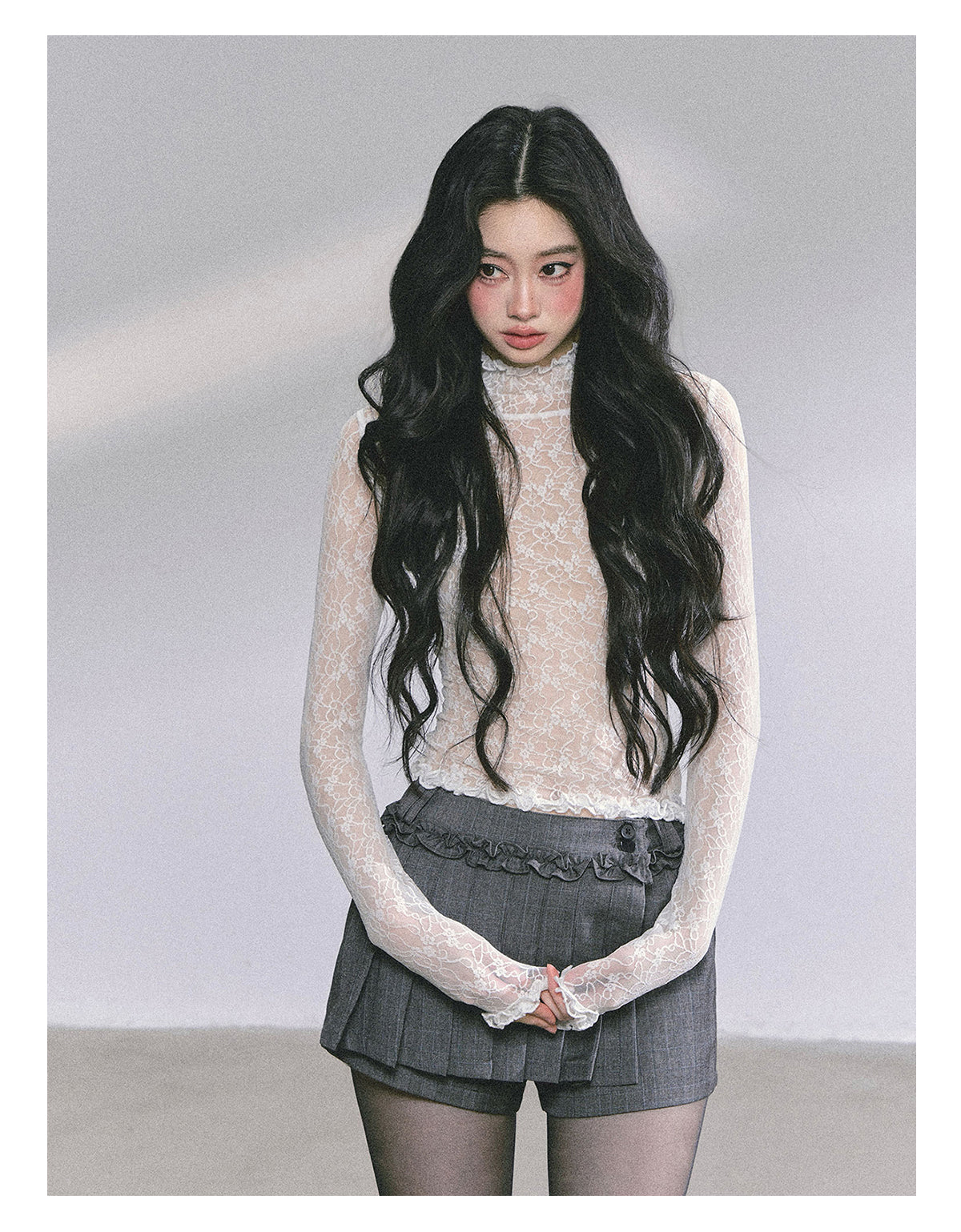 少也眼 “Desire Ballet” Sheer Lace High-Neck Long-Sleeve Top