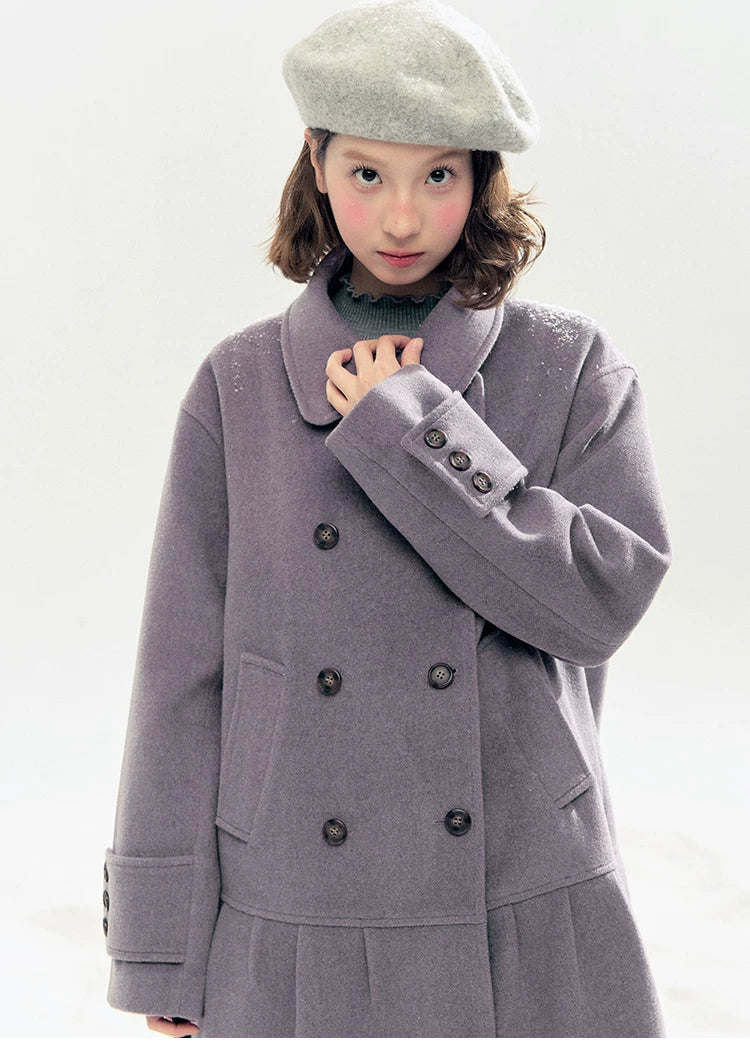 "Winter Chime" Double-Breasted Quilted Wool-Blend Coat (Smoky Purple/ Ash Gray)