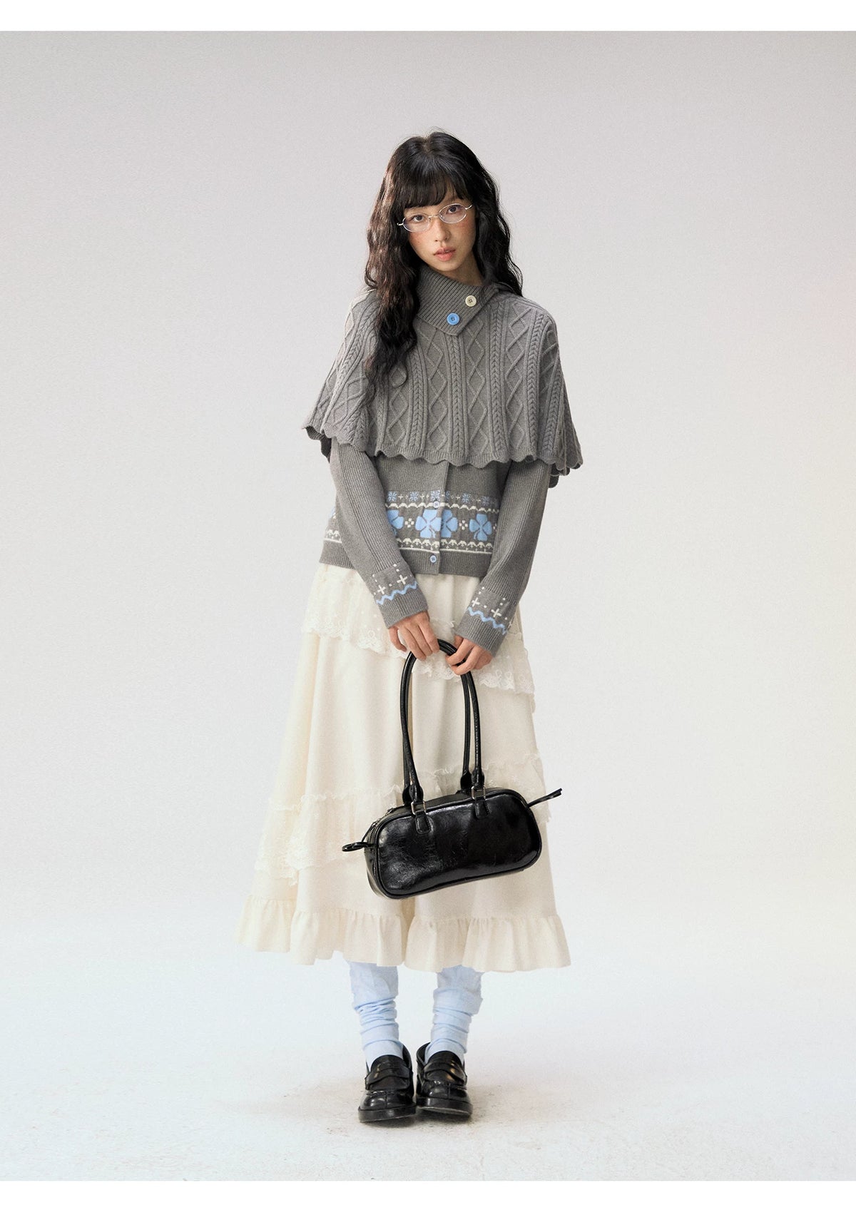 [CAN] "Witch's Wings" Gray Jacquard Knit Set (Cape Shawl / Cardigan)