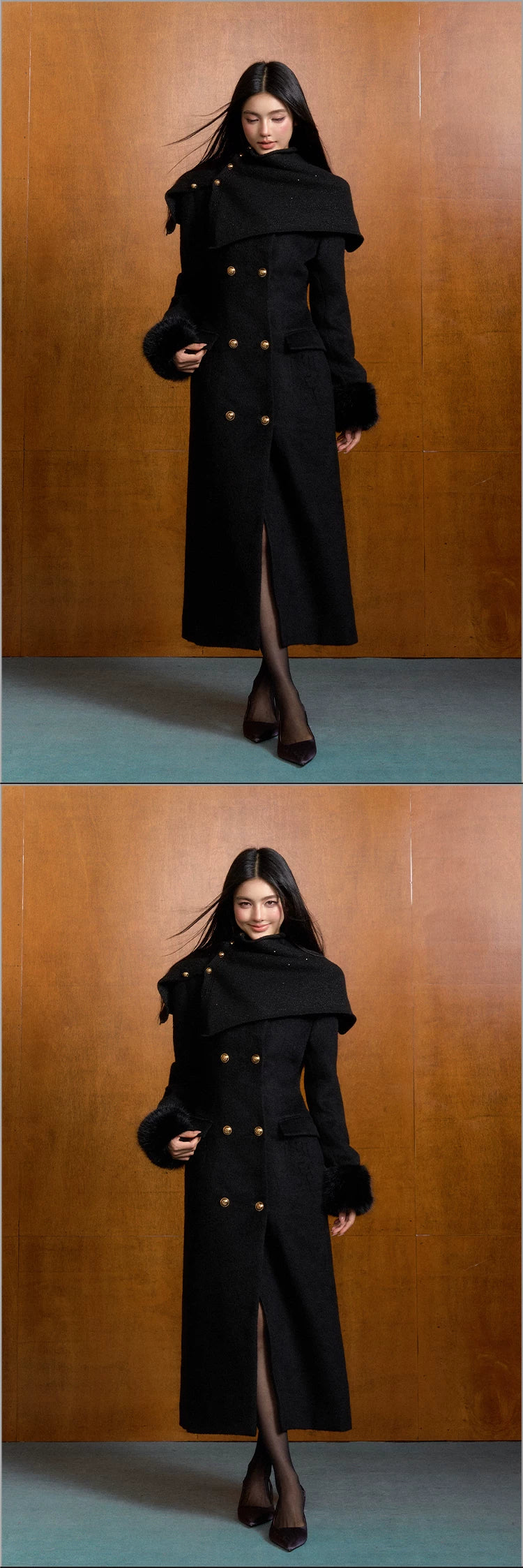 "Manor Elegance" Detachable Faux Fur Wool Coat & Knit Scarf Set