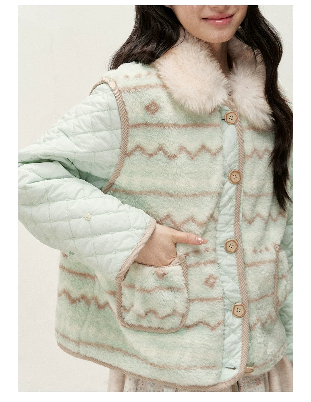 RF - Mint Green and Light Brown Fair Isle Quilted Faux Fur Vest Jacket