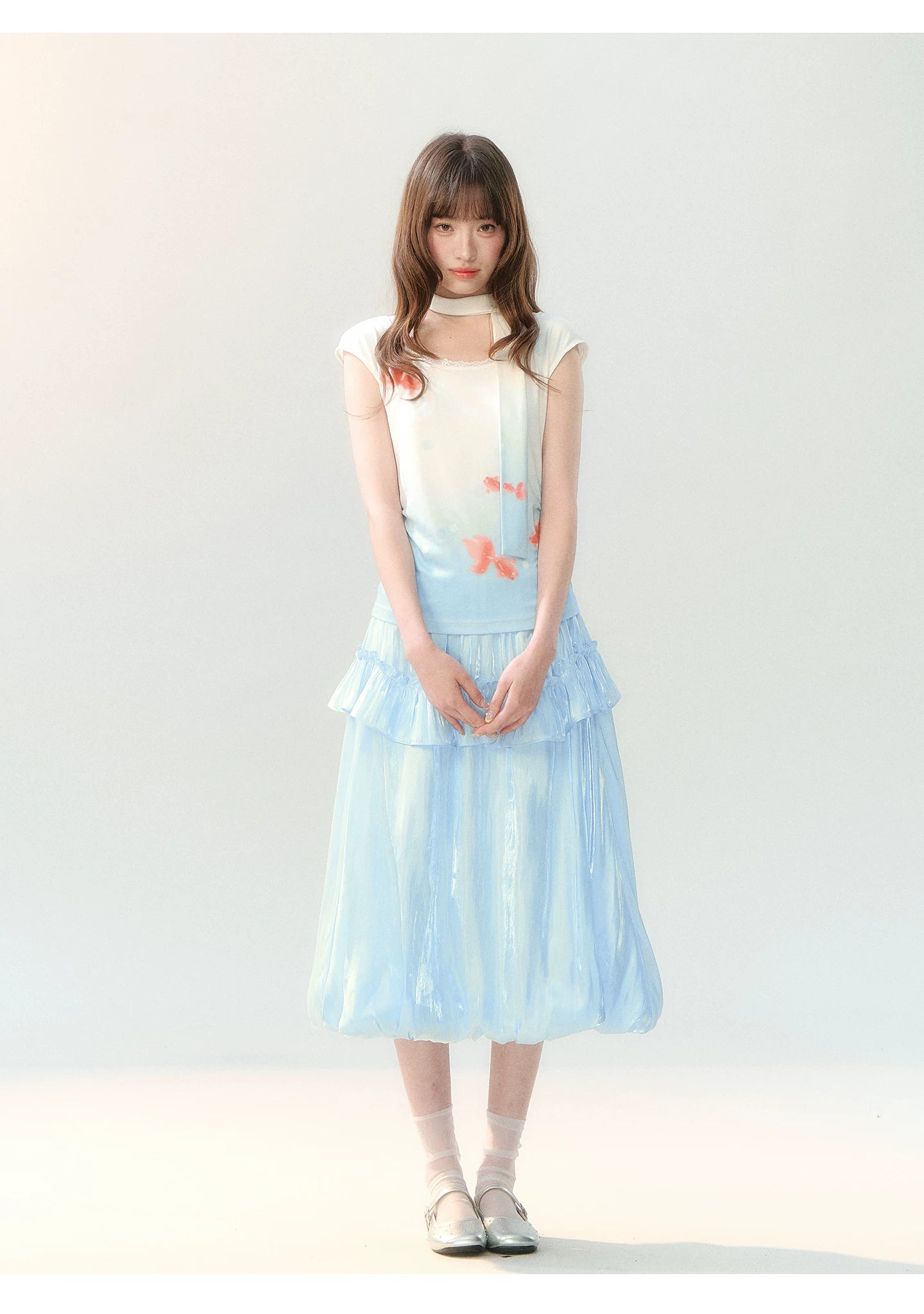"Koi Garden Letter" White & Blue Goldfish Print Two-Piece Skirt Set LL2026220