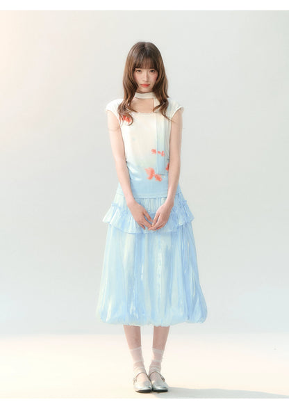 "Koi Garden Letter" White & Blue Goldfish Print Two-Piece Skirt Set LL2026220