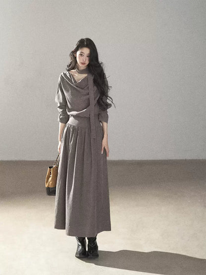 AOMALM - Gray-Purple Pleated Maxi Dress with High-Waisted Cinch Belt