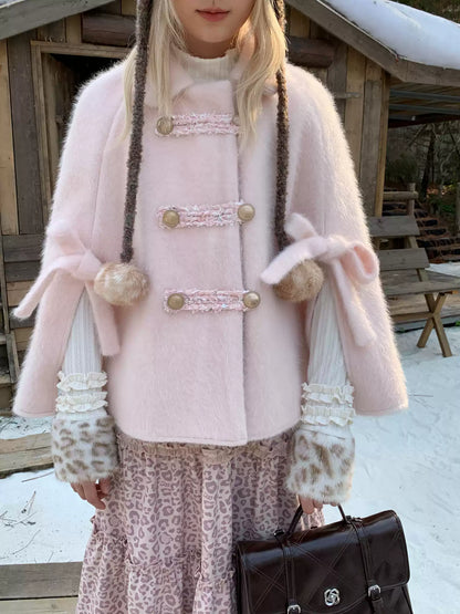 RF - Vintage Pink Fuzzy Cropped Cape Coat with Ribbon Buttons