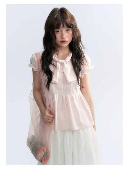 "Rosy Whisper" Dusty Pink Bow Embroidered Puff Sleeve Blouse