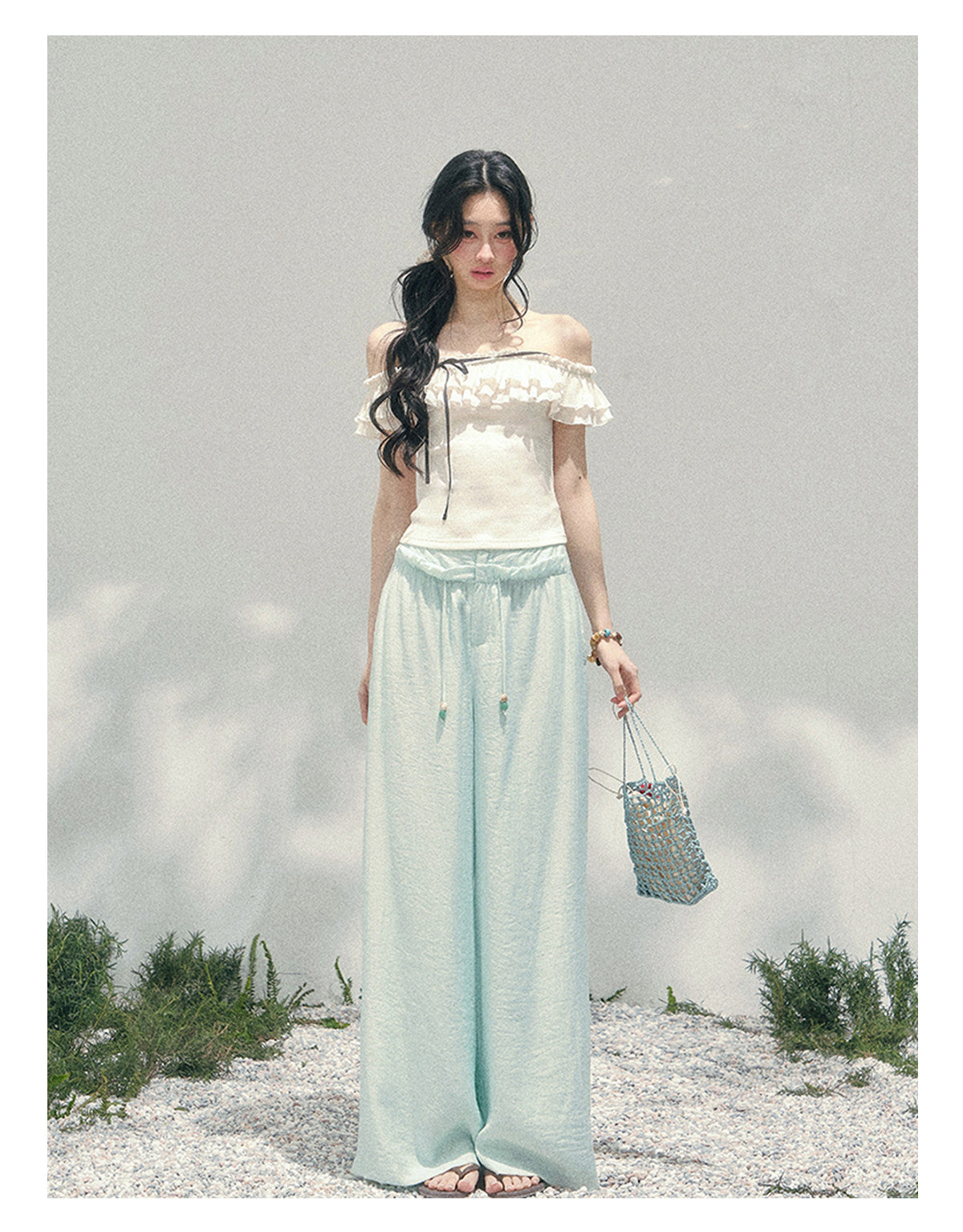 “White Pearlight” Ivory Off-Shoulder Ruffle Tee