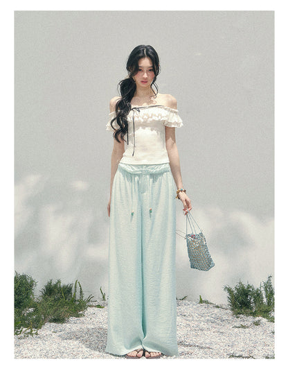 “White Pearlight” Ivory Off-Shoulder Ruffle Tee