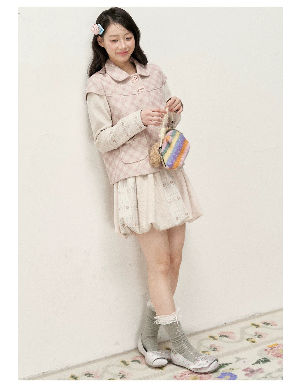 [RF] Pink Gingham Wool Blend Cropped Coat with Peter Pan Collar