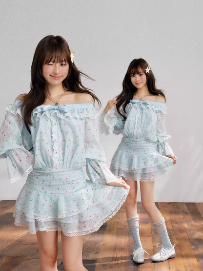 “Blue Meringue Reverie” Blue Off-Shoulder Cake Dress