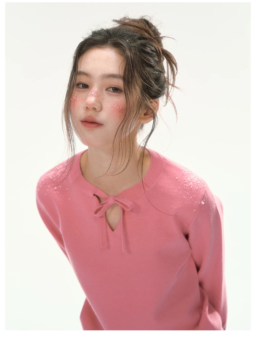 CANSTORE - "Berry Reverie" Pink V-Neck Bow-Tie Knit Sweater