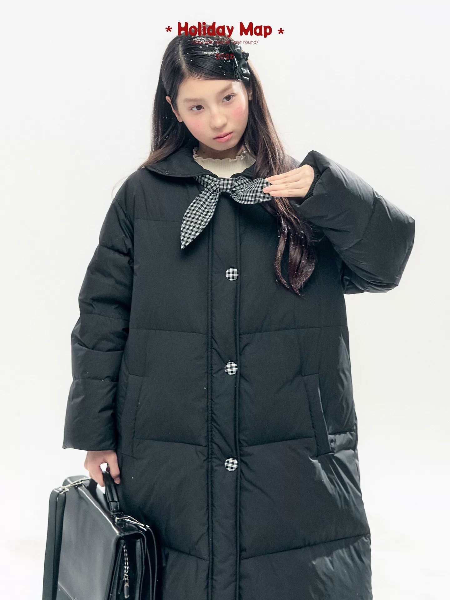 "Starry Night Little Witch" Black Long Down Coat with Detachable Bunny Bow Collar