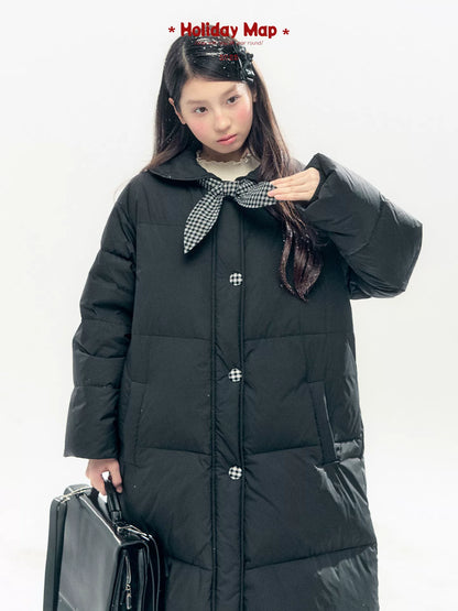 "Starry Night Little Witch" Black Long Down Coat with Detachable Bunny Bow Collar