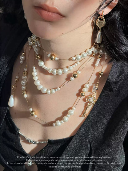 Vintage Key & Pearl Layered Long Necklace – Luxury Water Drop Charm Statement Necklace for Women
