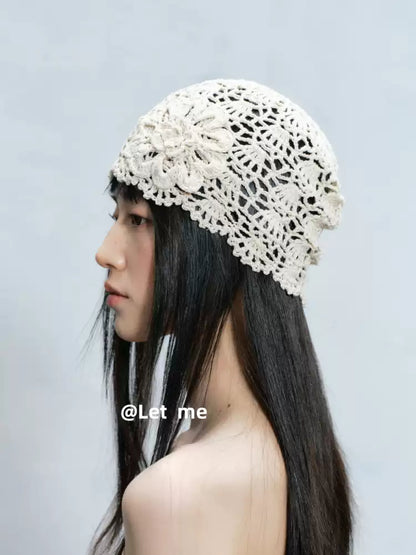 Floral Crochet Beanie – Openwork Lace Knit Hat