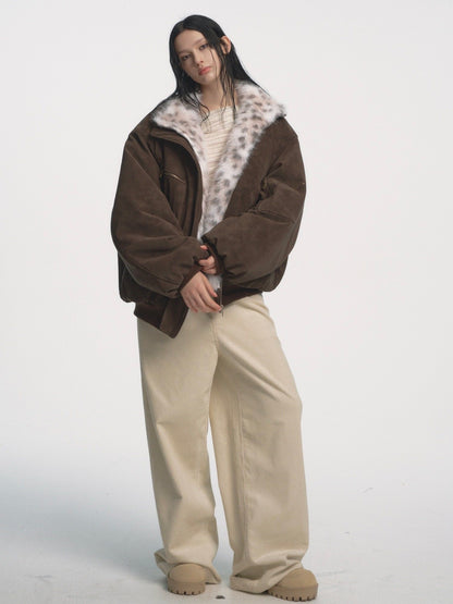 Muirgen - Brown Y2K Reversible Faux Fur Suede Aviator Jacket