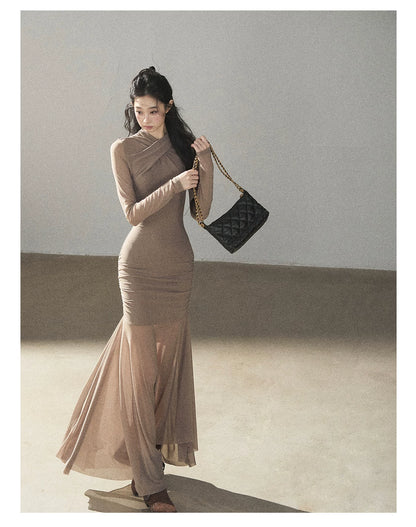 AOMALM - Milk Tea Ruched Mesh Mermaid Maxi Dress
