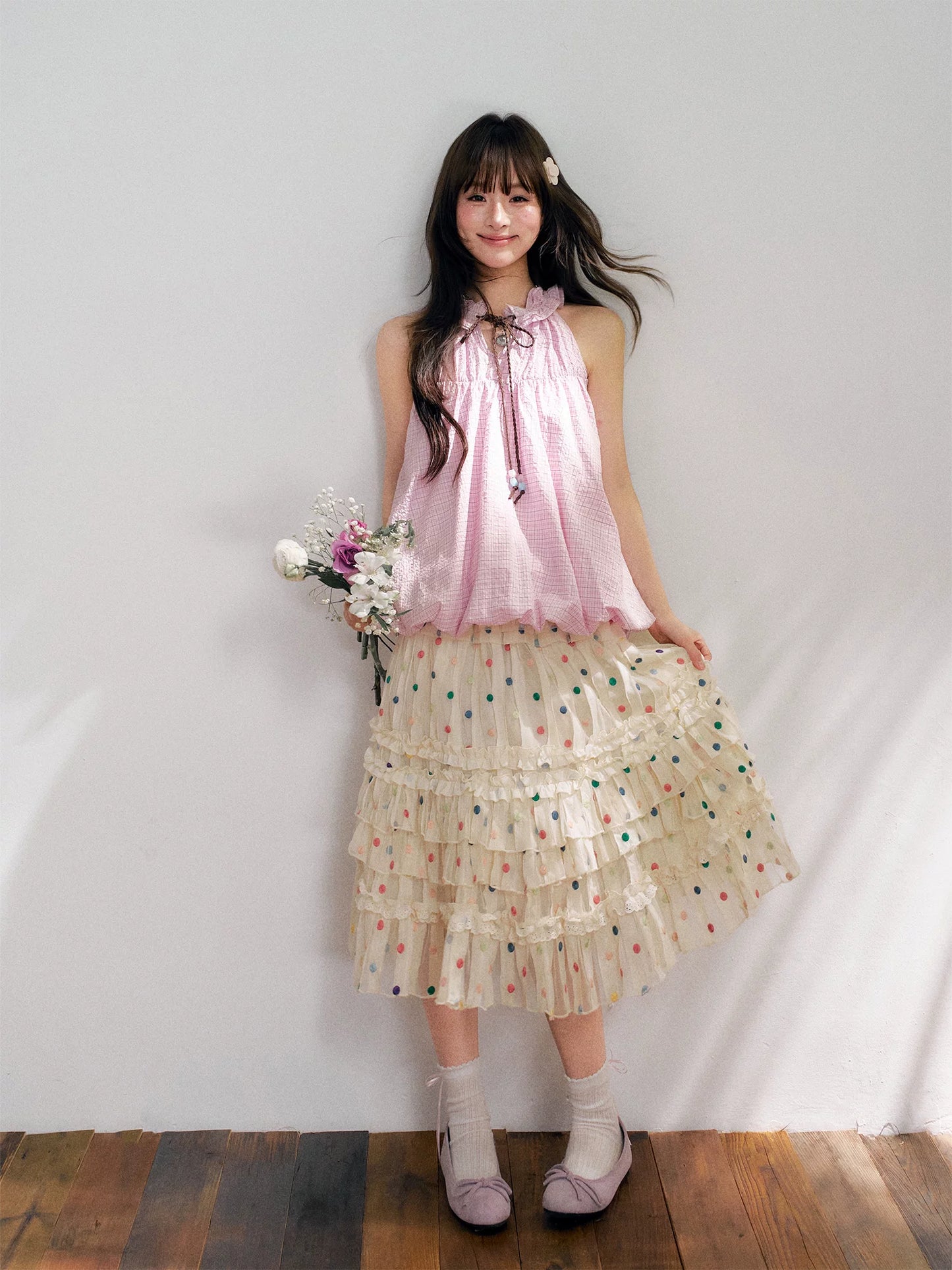 “Starlight Tulle Reverie” Apricot Polka Dot Mesh Skirt