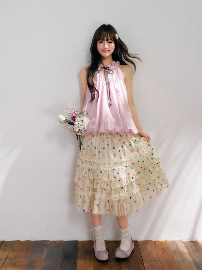 “Starlight Tulle Reverie” Apricot Polka Dot Mesh Skirt