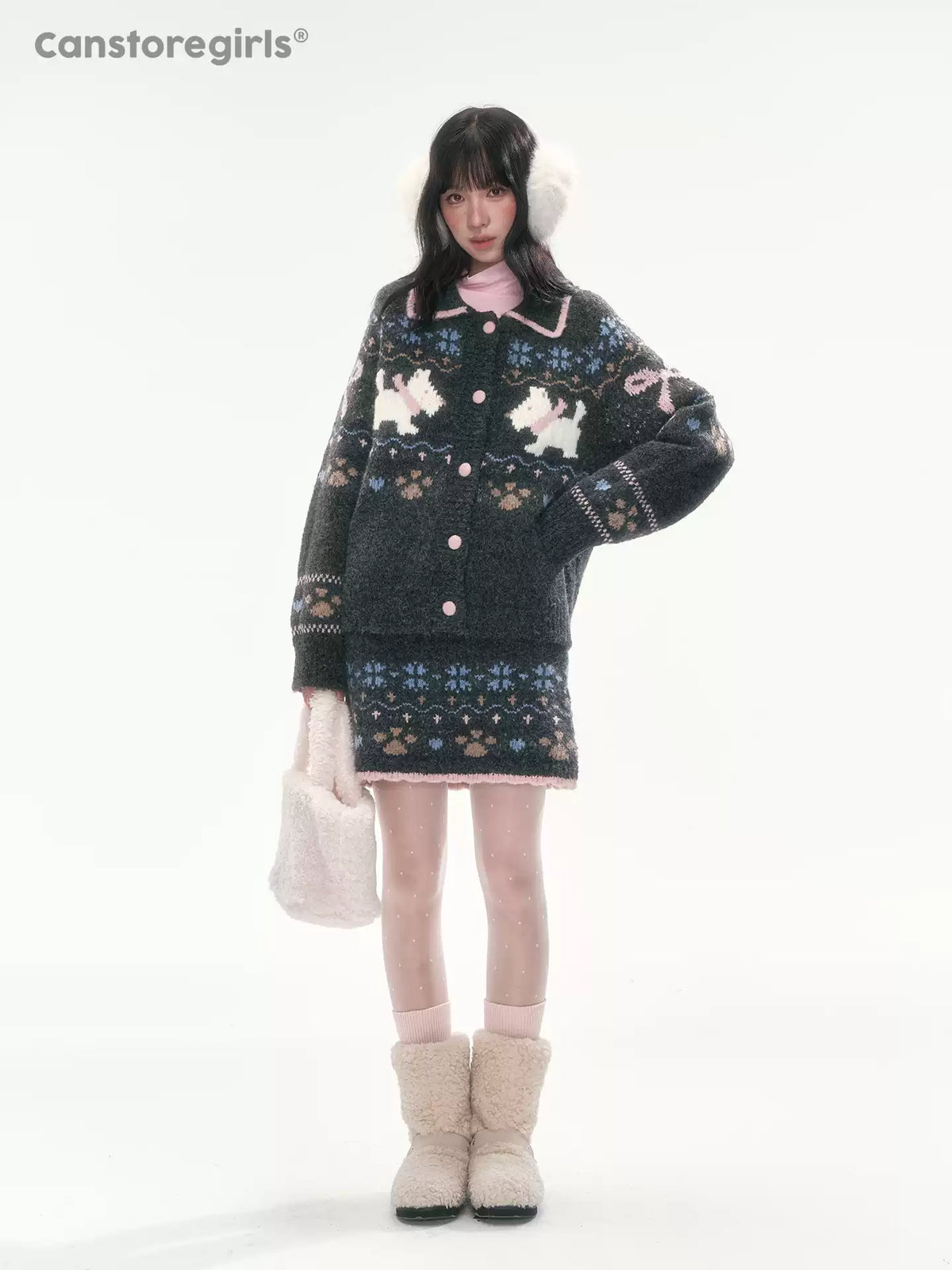 [CAN] Puppy Fair Isle Knit Sweater & Skirt Set (Gray / Pink)