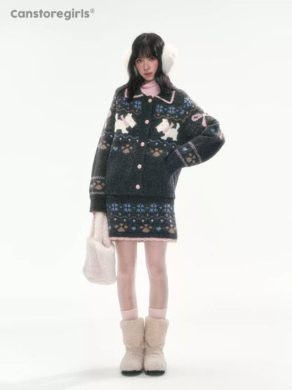 [CAN] Puppy Fair Isle Knit Sweater & Skirt Set (Gray / Pink)