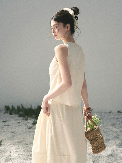 “Ivory Pleated Verse” Soft White Asymmetrical Twist Top & Skirt