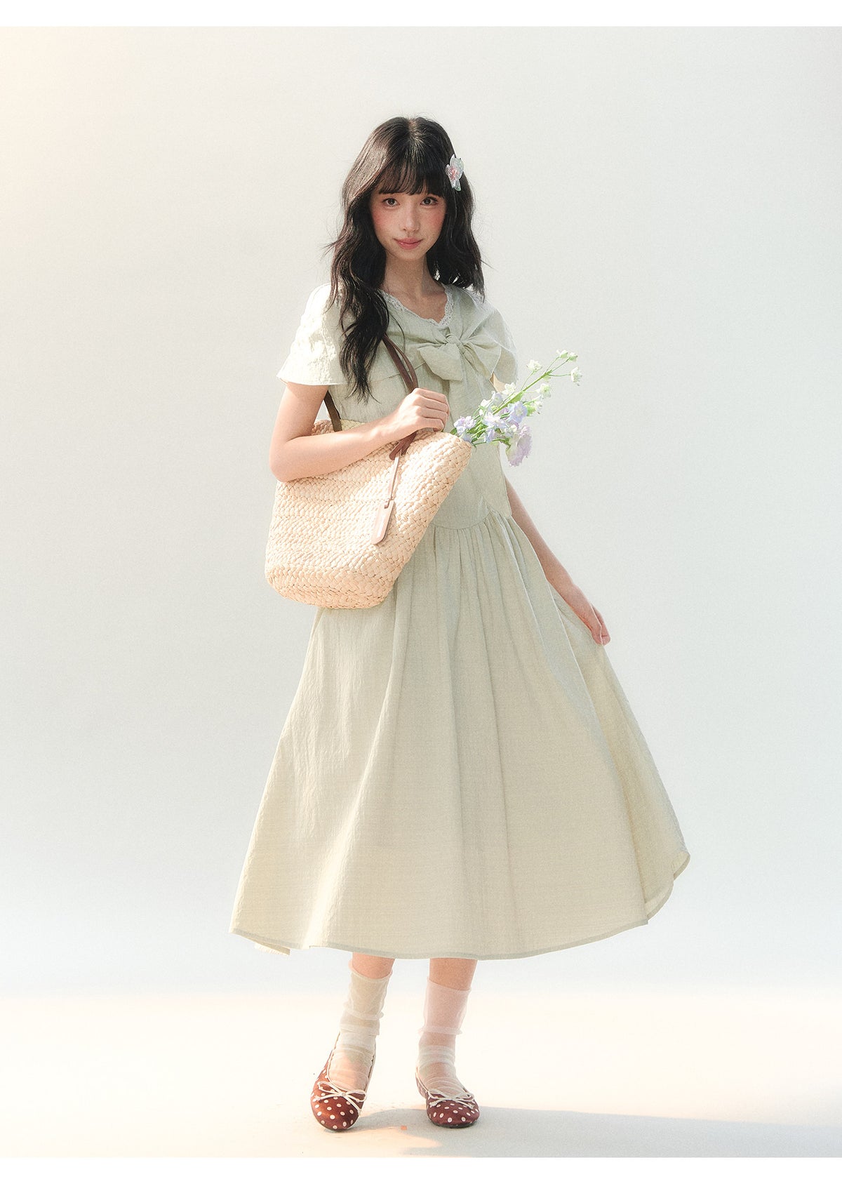 [CAN] "Willow Ribbon" Sage Green Cape Tie-Waist Midi Dress