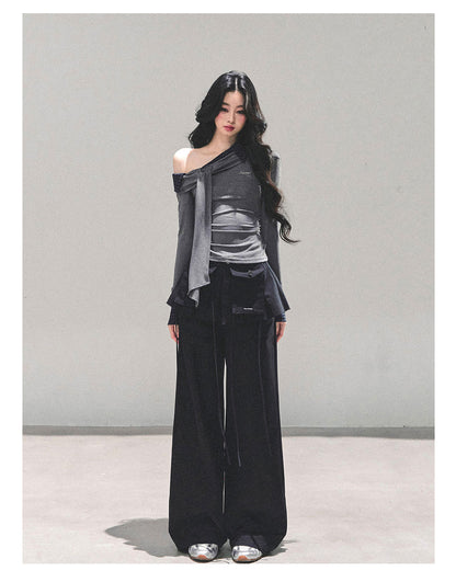 少也眼 “The Quiet Passing” Asymmetric Knit Off-Shoulder Top - Gray 65624