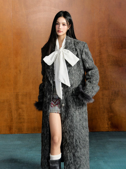 "Midnight Boulevard" Charcoal Gray Detachable Faux Fur Wool Long Coat
