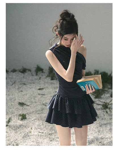 "Moonlit Bellflower Reverie" Navy Plaid One-Shoulder Mini Dress 567474