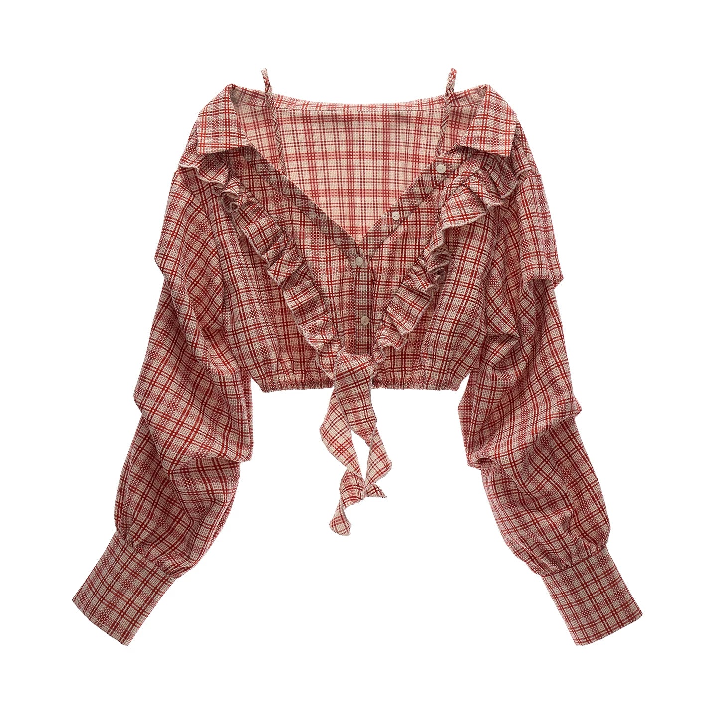 "Retro Rouge Mood" Plaid Tie Front Off-Shoulder Top WE950